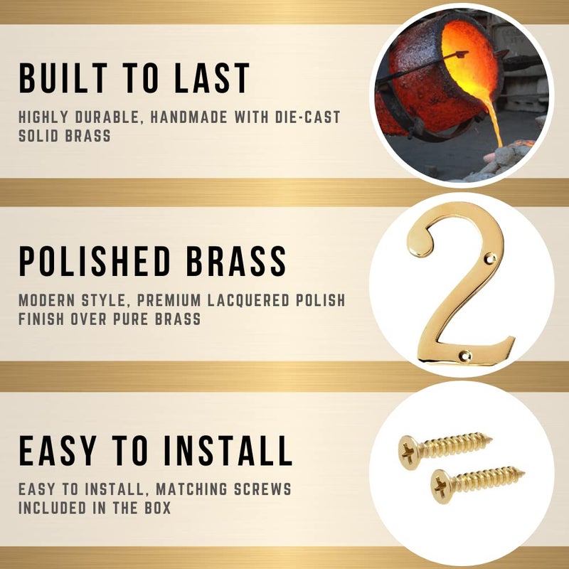 A10SHOP Motif 4-Inch Solid Brass Lacquered Polished Mailbox Numbers House Numbers For Outside House Numbers Address Sign For Door, Outdoor Decor (Number 2) - Image 3